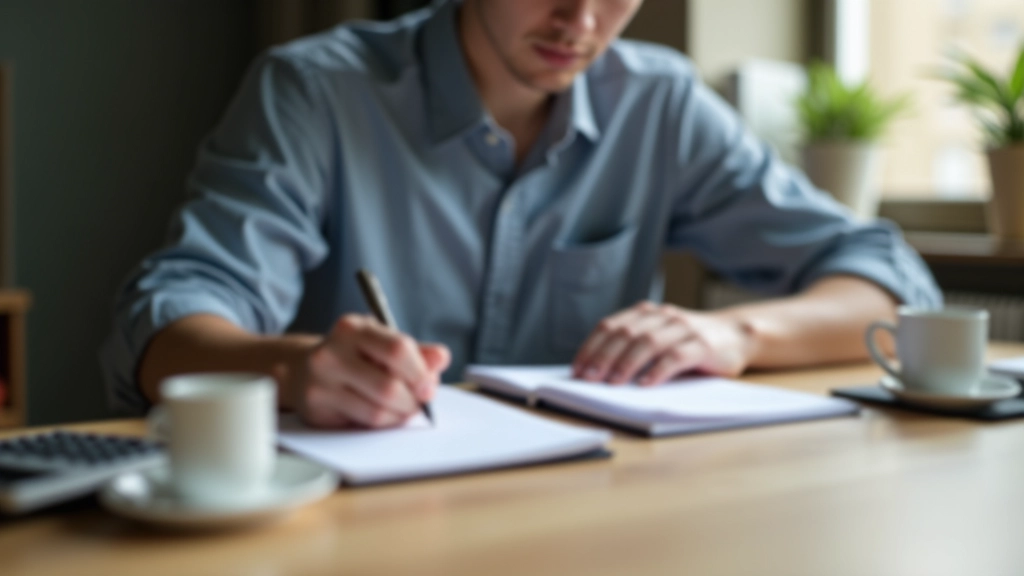 Person writing in notebook at desk with coffee and calculator, budgeting planning workspace