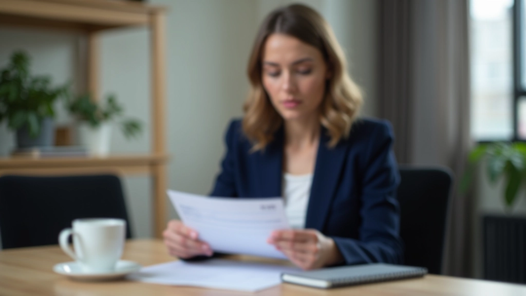 Person reviewing payslip document at wooden desk with coffee cup nearby