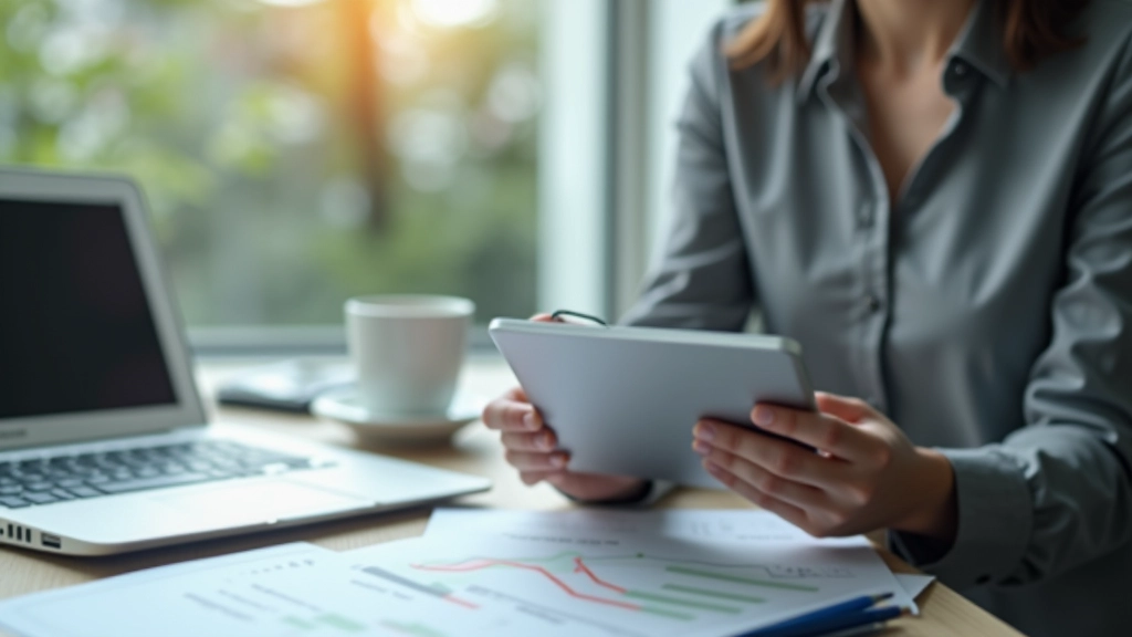Person analyzing financial data and charts on tablet with coffee nearby